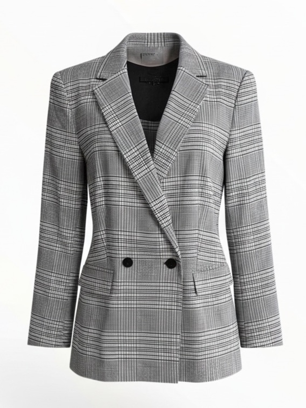 ANN TAYLOR Gray Black Plaid Double-Breasted Blazer Jacket Linen 14 Classic Work